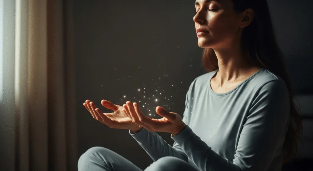 Mujer meditando con energía en las manos.