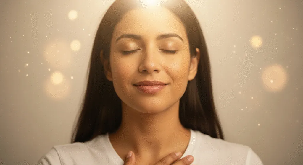 Mujer meditando con energía positiva.