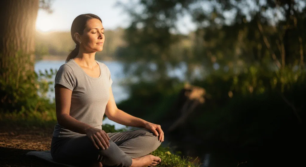 Mujer meditando al aire libre.
