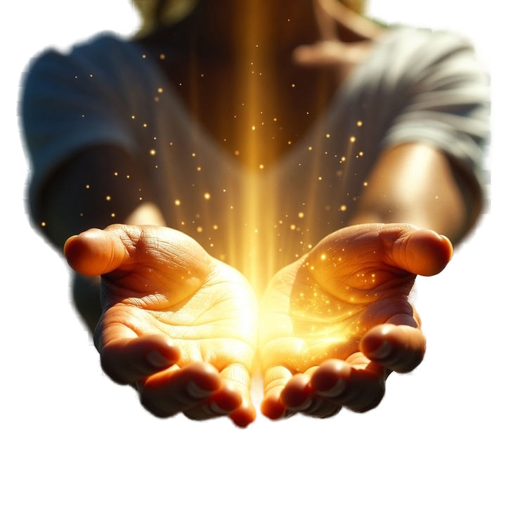 Manos abiertas emitiendo luz dorada y energía positiva.